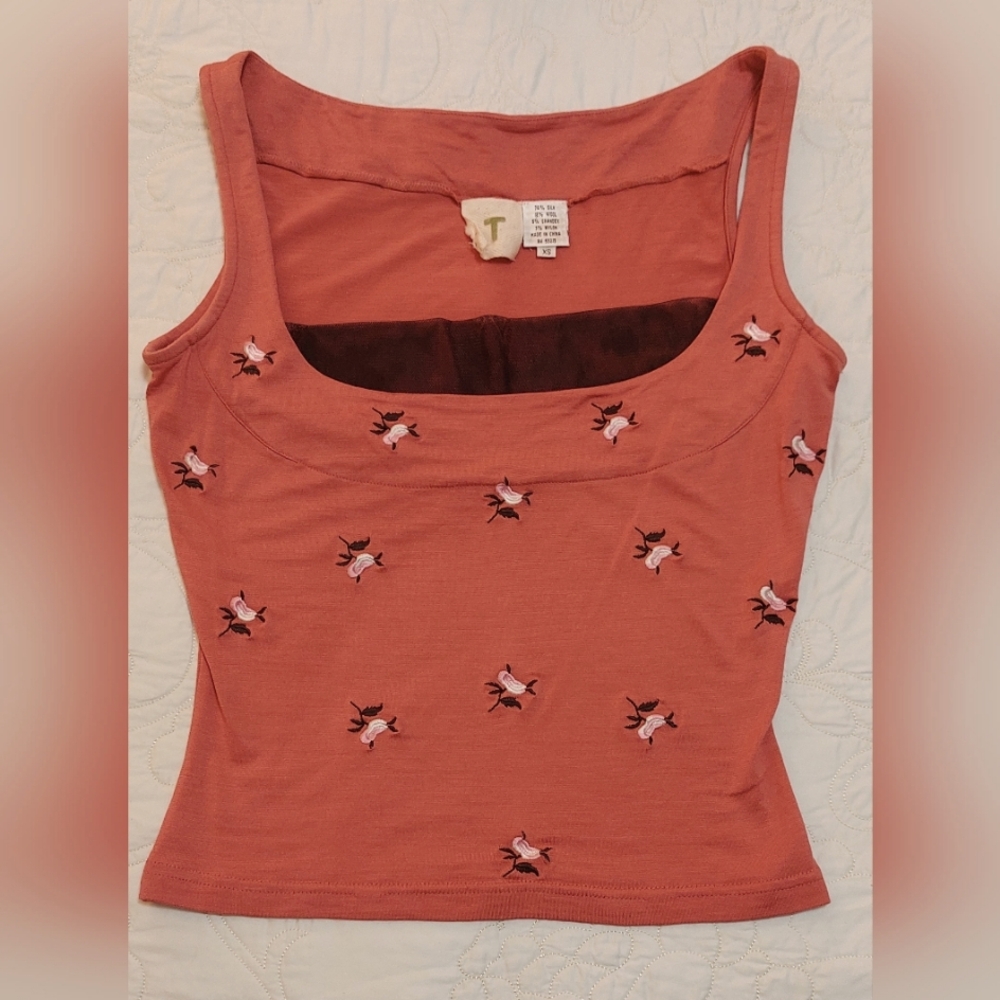 Cropped Silk Stretch Cropped Top with Embroidered Flowers by T